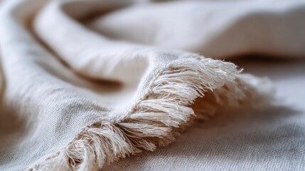 Close-up shot of muslin throw edge with frayed hem detail, airy weave, natural wrinkles and soft daylight, concept of Waffle & gauze textiles  