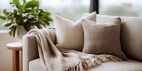 Cozy sofa with gauze blanket and neutral pillows in minimal interior  