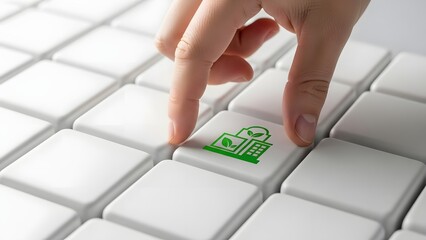 Finger pressing a keyboard button with a green document icon on a white keyboard