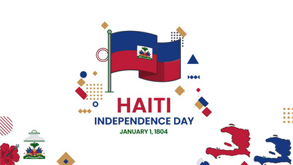 Vibrant graphic illustration celebrating Haiti Independence Day on a white background with colorful geometric shapes and the Haitian flag.
