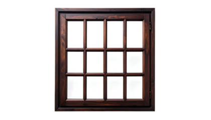 Wooden window with grid of panes, centered on a black background