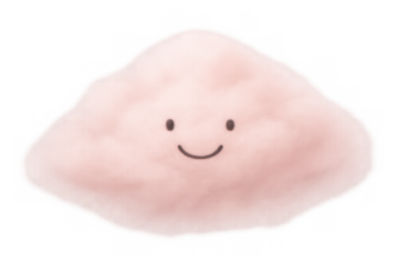 Pink cotton candy cloud character smiling, creating a cute and happy kawaii conceptual design on transparent background