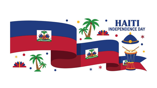 Illustration of Haiti Independence Day celebration with national flag, palm trees, and festive elements on white background. - Powered by Adobe
