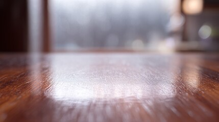 Obraz premium counter. Close-up of a polished wooden surface, softly lit by morning light through a frosted glass window in a minimalist kitchen. lifestyle magazines. 