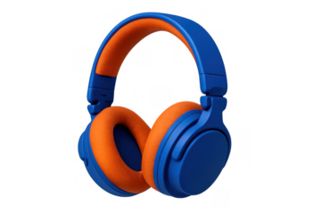 Blue and orange wireless over-ear headphones on transparent background delivering immersive audio and listening experience