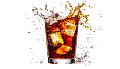 A refreshing brown liquid drink with ice cubes, frozen in motion as it splashes upwards
