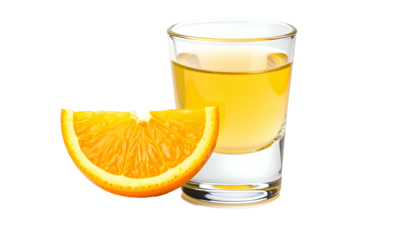 Shot glass of amber liquid with orange slice against a stark black background