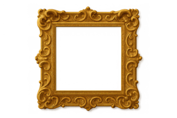 Golden ornate frame showing vintage rococo baroque style with intricate carvings on a transparent background