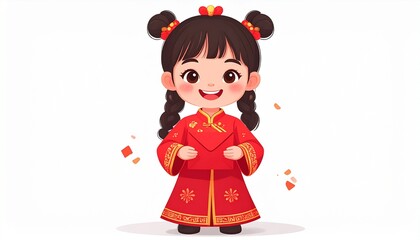 Illustration of a happy Chinese girl wearing traditional Chinese outfit, holding angpao red envelope, joyful expression, simple clean illustration style, subtle shadows, isolated on white background, 