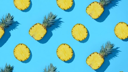 pineapple. A vibrant pattern of fresh pineapple slices arranged on a bright blue background, showcasing tropical appeal. menu design.
