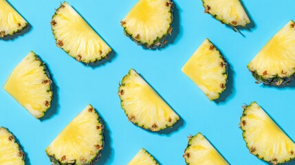 Naklejka premium pineapple. A vibrant pattern of fresh pineapple slices arranged on a bright blue background, showcasing tropical appeal. menu design. 