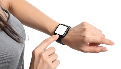 Close-up of a womans hands touching a black smartwatch with a blank white screen we