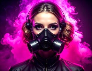 Stylized portrait of a person in a glossy black gas mask surrounded by a thick neon