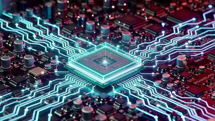 glowing cpu chip intricate circuit patterns motherboard closeup | technology, computing, science, innovation, engineering theme - Powered by Adobe