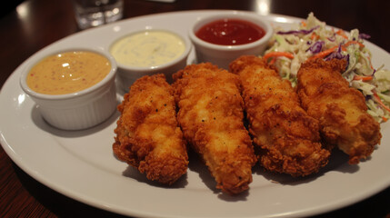 Crispy chicken tenders served on a platter with dipping sauces: honey mustard, ketchup, and ranch, accompanied by a side of coleslaw. 