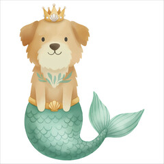 Cute Mythical Sea Creature Dog Watercolor Vector Illustration on White Background
