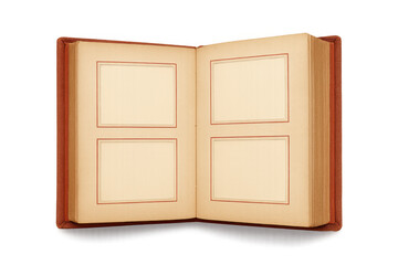 Open antique photo album displaying blank pages with frames, ready for old memories and nostalgia, isolated on transparent background