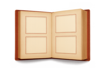 Open antique photo album displaying blank pages with frames, ready for old memories and nostalgia, isolated on transparent background