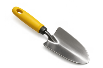 Garden trowel with yellow handle, a essential hand tool for planting, digging, and cultivating soil