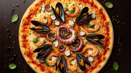 Exotic Seafood Pizza Creation, Gourmet Kitchen, Food Photography, Luxurious Setting, Close-Up View, Culinary Delight