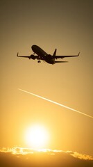 departure. A commercial aircraft silhouetted against a vibrant sunset, motion blur adding dynamic energy. inspiring travel planning, mobility guides, designed for mobility and urban transit guides.
