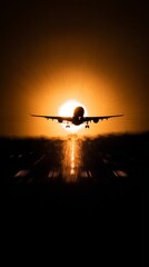 departure. A commercial aircraft silhouetted against a vibrant sunset, motion blur adding dynamic energy. inspiring travel planning, mobility guides, designed for mobility and urban transit guides.
