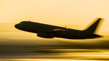 departure. A commercial aircraft silhouetted against a vibrant sunset, motion blur adding dynamic energy. inspiring travel planning, mobility guides, designed for mobility and urban transit guides.
