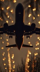 departure. A commercial aircraft silhouetted against a vibrant sunset, motion blur adding dynamic energy. inspiring travel planning, mobility guides, designed for mobility and urban transit guides.
