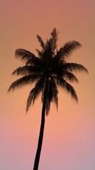 breeze. A solitary coconut tree with textured trunk stands against a gradient sky, evoking tropical serenity. travel magazines, destination branding, designed for travel destination branding.

