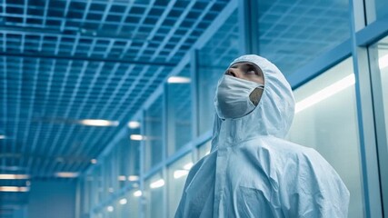 Cleanroom technician protective suit face mask hood sterile laboratory inspection inspecting ceiling with focused expression calm mood looking upward - Powered by Adobe