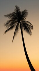 breeze. A solitary coconut tree with textured trunk stands against a gradient sky, evoking tropical serenity. travel magazines, destination branding, designed for travel destination branding.

