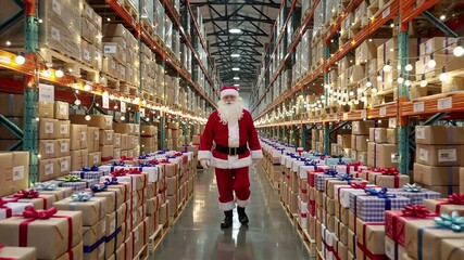 santa claus prepares for christmas delivery in a bustling gift-filled warehouse | christmas, holiday, festive, gift, delivery theme - Powered by Adobe