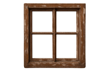 Old wooden window frame with weathered texture, rustic architectural element providing a transparent view