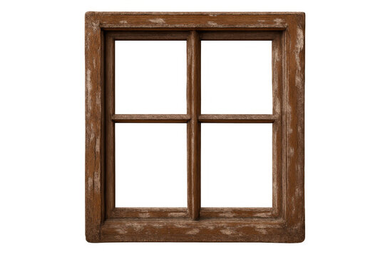 Old wooden window frame with weathered texture, rustic architectural element providing a transparent view