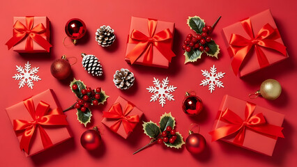Festive Christmas Decorations, Gift Boxes, Holiday Celebration, Indoor Setting, Red Background, Overhead View, Joyful Atmosphere