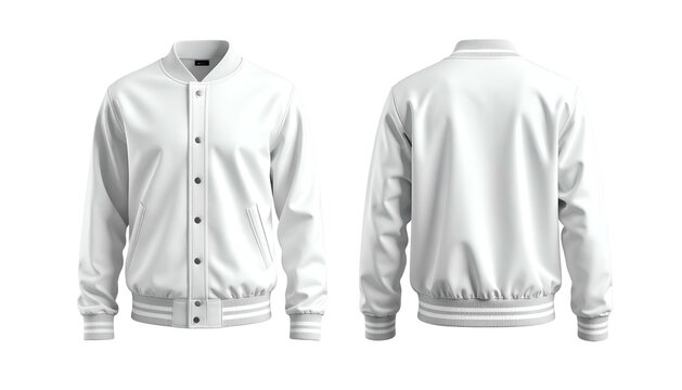 Front and back views of a white, button-up varsity jacket with ribbed cuffs/hem