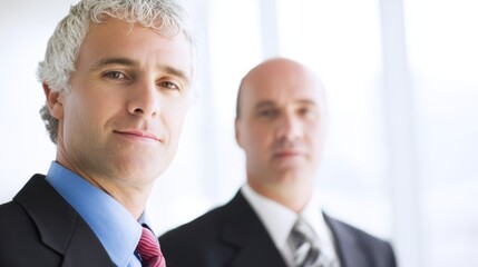 handshake. Two professional businessmen in formal attire, standing confidently in a corporate office setting. pitch deck slides.
