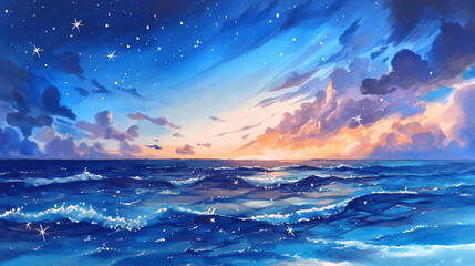 心を解き放つ夜の海と空のアート｜スピリチュアル、ヒーリング、癒し、幻想空間、精神安定、宇宙、夢、夜明け、空と海、穏やかな時間、自然の美しさ、神秘の星空、素材集