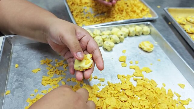 Shaping cornflake cookies with care, creating a delicious and appetizing homemade dessert.