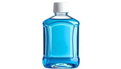 A translucent, square-bodied bottle filled with bright blue liquid, topped with a white cap