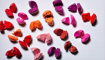 Crushed colorful lipstick samples on white background, makeup texture and creative cosmetic art concept