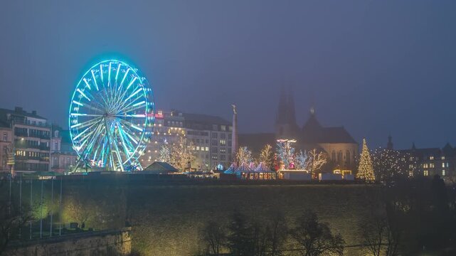 Grand Duchy of Luxembourg time lapse night Christmas market at Place de la Constitution