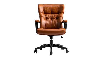 Fototapeta premium Front view of a tufted, high-back brown leather office chair with a black base