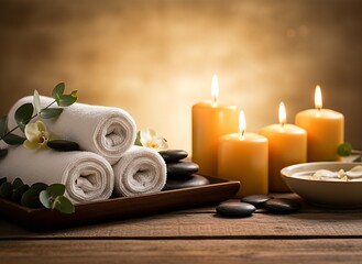 Relaxing spa still life with rolled towels, candles and stones, warm wellness atmosphere for self care and relaxation concept