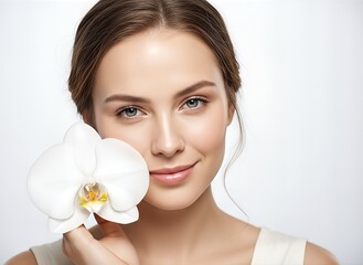 Beauty portrait of woman holding white orchid flower, natural elegance and skincare wellness concept