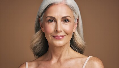 Beautiful mature woman portrait with natural makeup and confident expression, healthy aging and skincare beauty concept