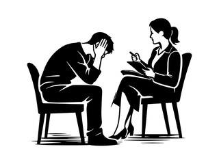 Therapy session silhouette illustration, stressed patient counseling