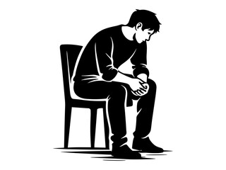 Depression silhouette illustration, sad man sitting on chair