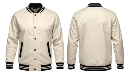 A front and back view of a light-colored athletic-style jacket with black trim