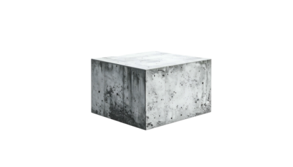 A weathered, concrete cube floats against a stark black background